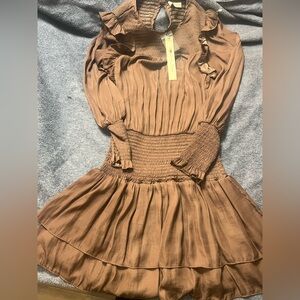 Mustard Seed Smocked Ruffle Mini Dress Tie Neck Long Sleeve Brown Size S nwt